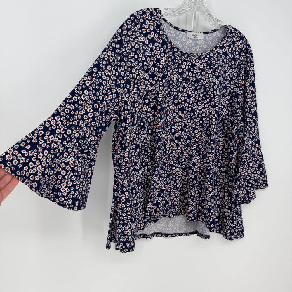 Moa Moa Top Womens XL Navy Blue Daisy Floral Bell Sleeve Peplum Boho Cottagecore
